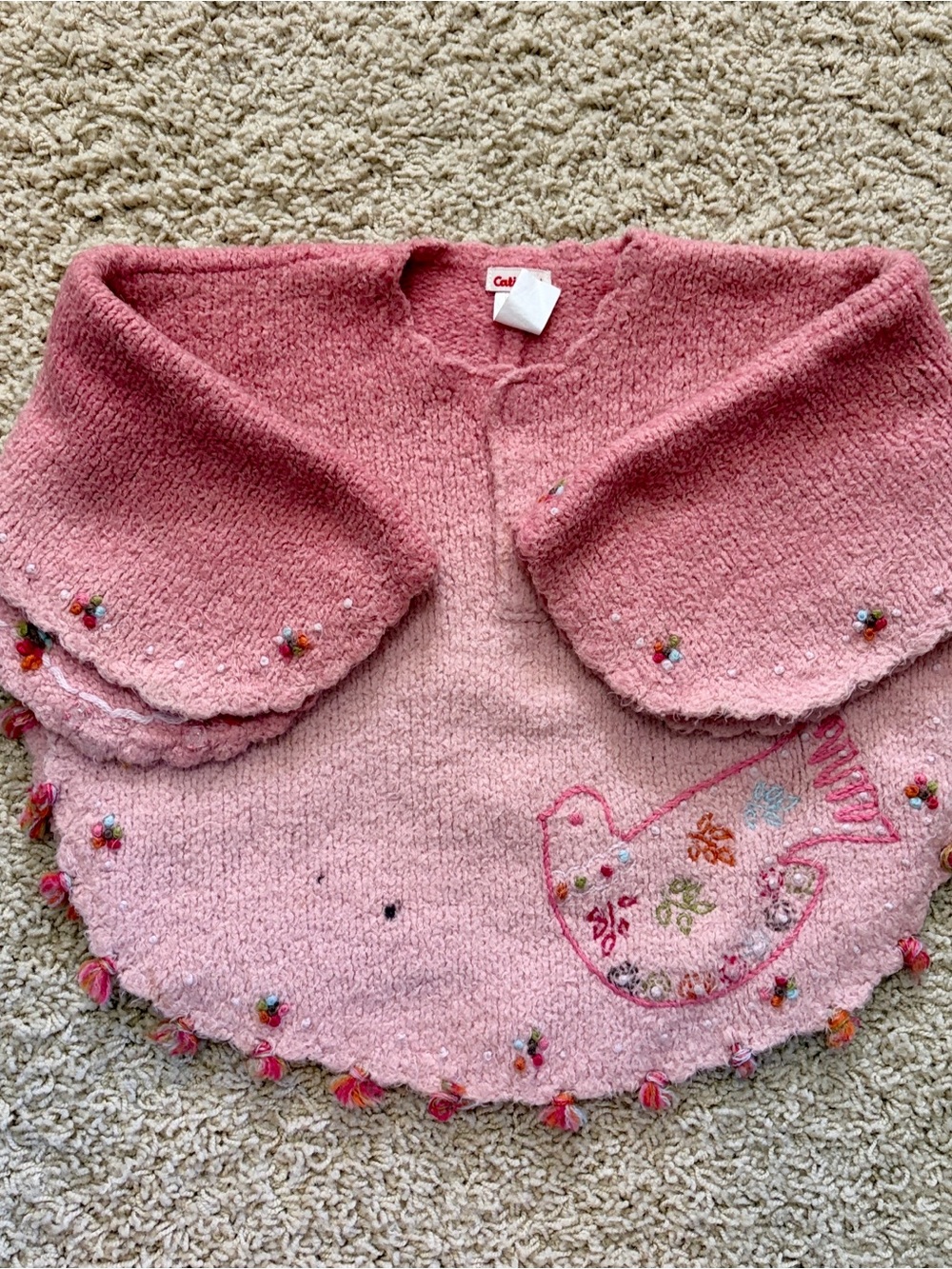 Catimini Pink Embroidered Knit Sweater Cape with Tassel Trim